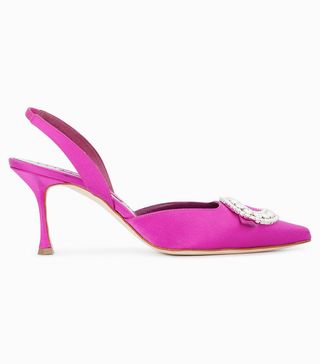 Manolo Blahnik + Pink Fiboslac Crystal 85 Satin Slingbacks