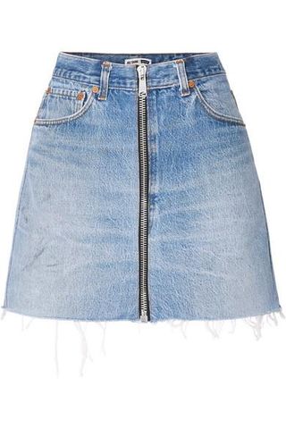 Re/Done + Levis Zip-Embellished Frayed Denim Mini Skirt