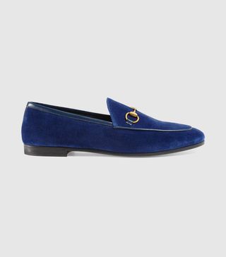 Gucci + Jordaan Velvet Loafers in Cobalt Blue