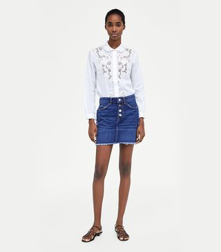 Zara + Denim Skirt With Gem Buttons