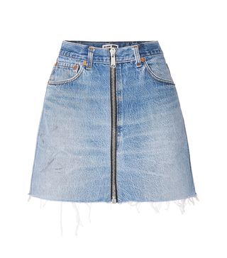 Re/Done + Levis Zip-Embellished Frayed Denim Mini Skirt