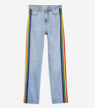 Topshop + Mid Bleach Raw Hem Rainbow Side Stripe Straight Leg Jeans