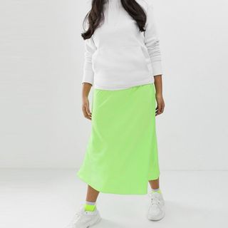 ASOS Curve + Bias Cut Satin Slip Midi Skirt in Neon
