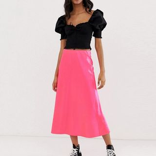 New Look + Satin Midi Skirt in Neon Pink
