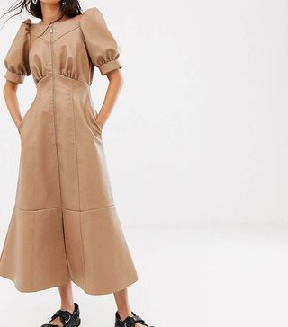 ASOS + Design Leather Look Puff Sleeve Zip Through Midi Dress