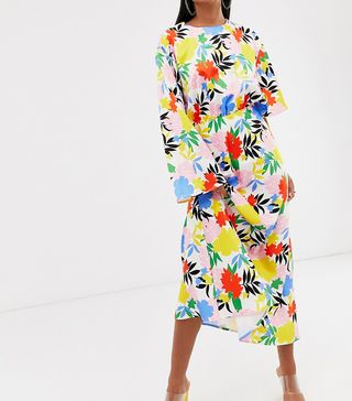 ASOS Design + Asymmetric Sleeve Maxi Dress in Bright Floral Print