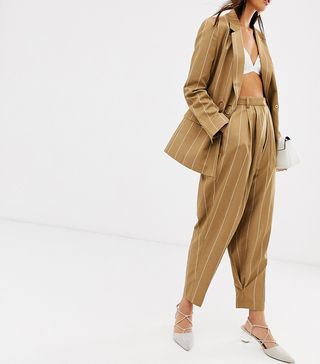 ASOS Design + Camel Stripe Mansy Suit Tapered Trousers