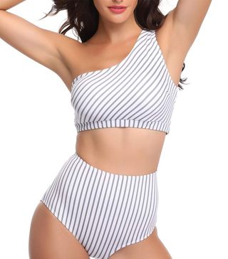 Geman + Women Padded Stripe Bikini Set One Shoulder