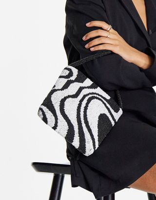 Asos Design + Beaded Shoulder Bag in Mono Swirl Print