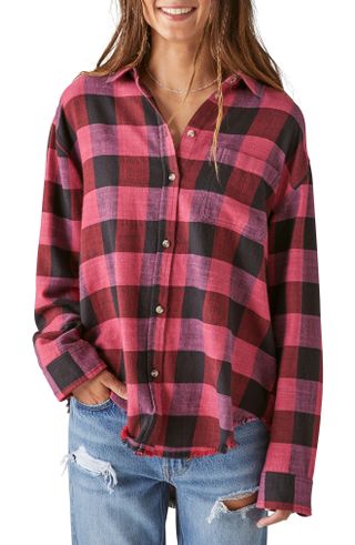 Lucky Brand + Oversize Distressed Plaid Button-Up Shirt