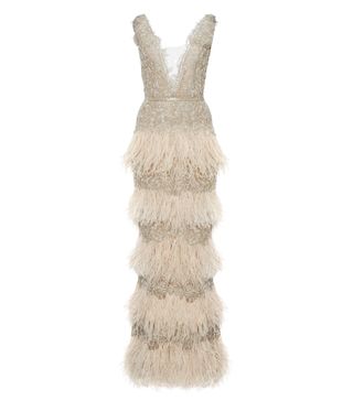 Marchesa + Beaded Tiered Feather Gown
