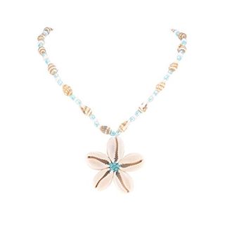BlueRica + Cowrie Shells Flower on Tiger Nassa & Puka Clam Shells Beaded Necklace