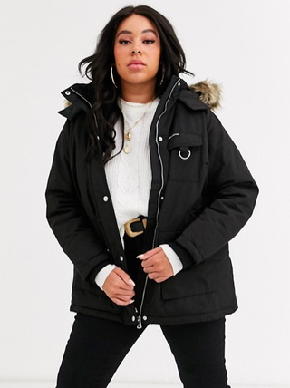 New Look + Curve Faux Fur Hooded Parka Coat in Black