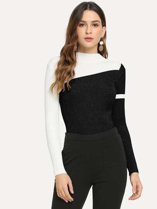 Shein + Contrast Panel Stand Collar Slim Sweater