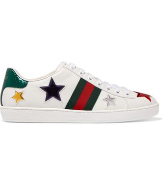 Gucci + Ace Metallic Ayers-Trimmed Leather Sneakers