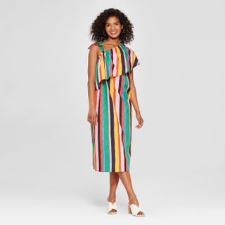 Who What Wear + Striped Off-the-Shoulder Ruffle Midi Dress