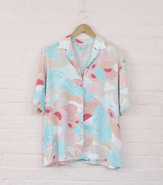 ShallowVintage + Early 1980s Pastel Tropical Print Buttonup T-Shirt