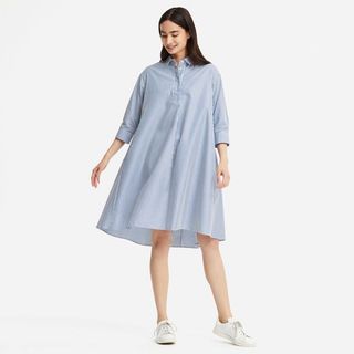 Uniqlo + Extra Fine Cotton A-Line Stripped 3/4 Sleeve Dress