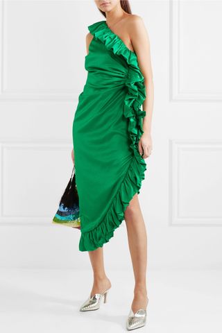 Attico + One-Shoulder Ruffled Hammered Cotton-Blend Satin Dress