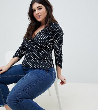 ASOS Curve + Wrap Top With Tie Side and Ruched Sleeve Detail in Polka Dot
