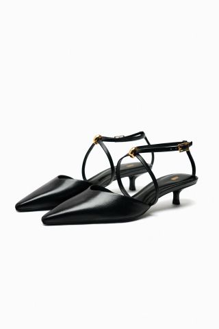 Zara + Leather Kitten Heel Shoes With Straps