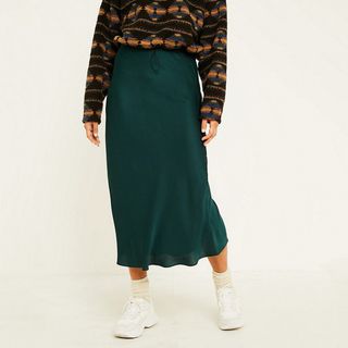 Urban Outfitters + Green Satin Bias Cut Midi Skirt