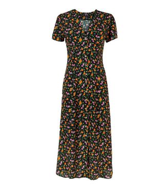 New Look + Black Bright Floral Button Through Midi Tea Dress