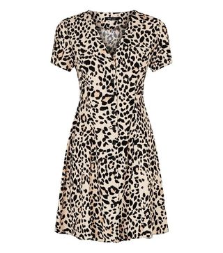 New Look + Brown Leopard Print Button Front Tea Dress