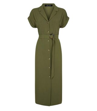 New Look + Khaki Button Front Belted Shirt Midi Dress