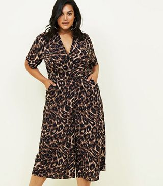 New Look + Curves Brown Leopard Print Wrap Front Jumpsuit