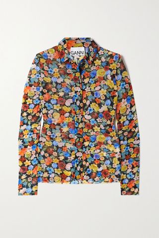 Ganni + Floral-Print Stretch-Mesh Shirt