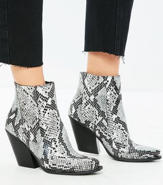 Missguided + Gray Snake Print Curved Heel Western Chelsea Ankle Boots