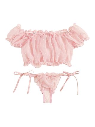 SheIn + Self Tie Ruffle Trim Dobby Mesh Lingerie Set Sexy Bra and Panty