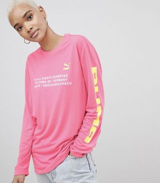 Puma + Long Sleeve T-Shirt With Techno Logo in Neon Pink