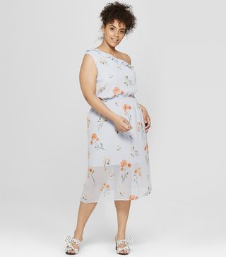 Who What Wear + Floral Print One Shoulder Ruffle Midi Dress