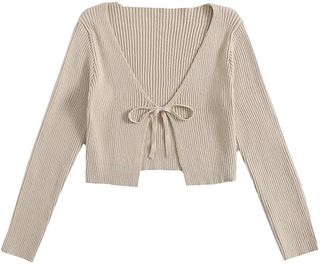 Floerns + Tie Front Long Sleeve Crop Top Rib Knit Coat Cardigan