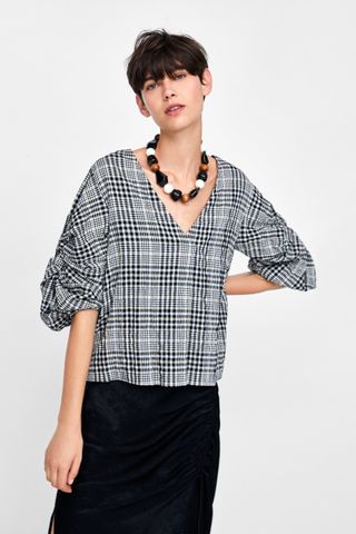Zara + Scrunched Effect Checkered Top