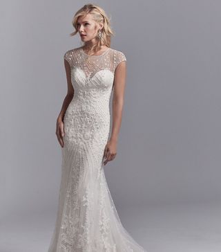 Sottero and Midgley + Illusion Cap Sleeve Beaded and Embroidered Fit and Flare Wedding Dress With Tulle Overlay