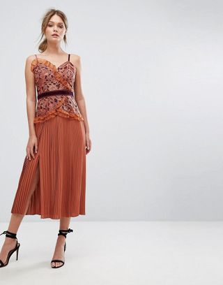 Three Floor + Cami Strap Midi Dress With Lace and Pleated Skirt