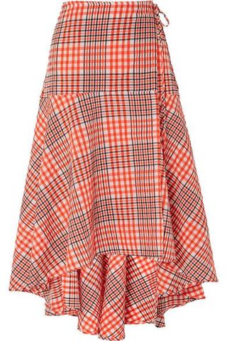 Ganni + Charron Checked Cotton-Blend Seersucker Wrap Skirt