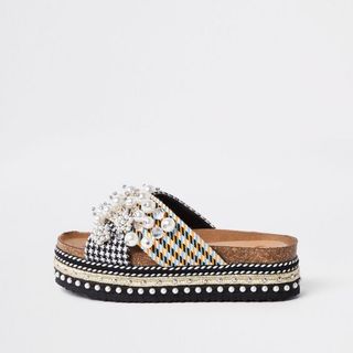 River Island + Grey Cross Strap Embellished Platform Sliders