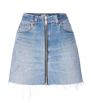Re/Done + Levis Zip-Embellished Frayed Denim Mini Skirt