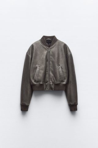 Zara + Distressed Faux Leather Bomber Jacket