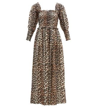 Ganni + Shirred Leopard-Print Cotton-Blend Maxi Dress