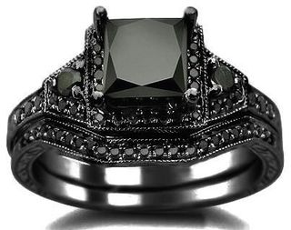 Front Jewelers + 2.01CT Black Princess Cut Diamond Engagement Ring Bridal Set