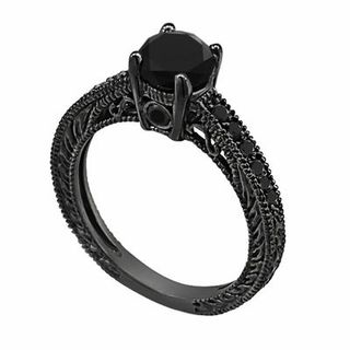 Jewelry by Garo + Black Diamond Engagement Ring Vintage Style 14K Black Gold 0.86 Carat Antique Style Engraved Pave Set Handmade Certified