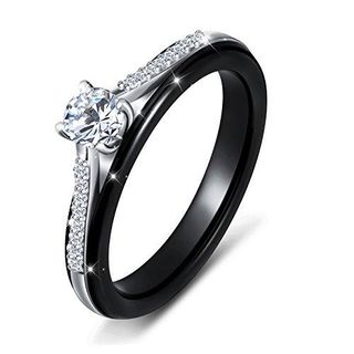 Innovato Design + Black Ceramic S925 Sterling Silver Bridal Ring Wedding Engagement Princess Ring