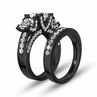 Vancaro + Black Three-Stone Princess Cut Wedding Ring Set With White Cubic Zirconia