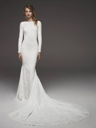 Pronovias + Bateau Neckline Long Sleeve Simply Elegant Wedding Dress