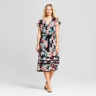 Who What Wear + Floral Print Short Sleeve Lace Trim Midi Dress